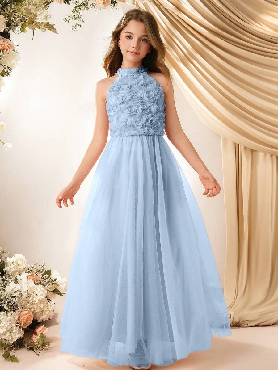 Váy dự tiệc midi lưới chữ A đính hoa 3D cho bé gái tuổi teen, thích hợp cho đám cưới, sinh nhật, biểu diễn - Màu xanh lam - Xem 1