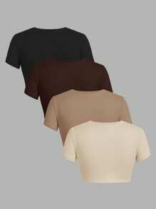 SHEIN EZwear 4pcs/Set Simple Solid Color Crew Neck Short Sleeve Cropped Fitted Women T-Shirts, Suitable For Summer - Multicolor - View 2