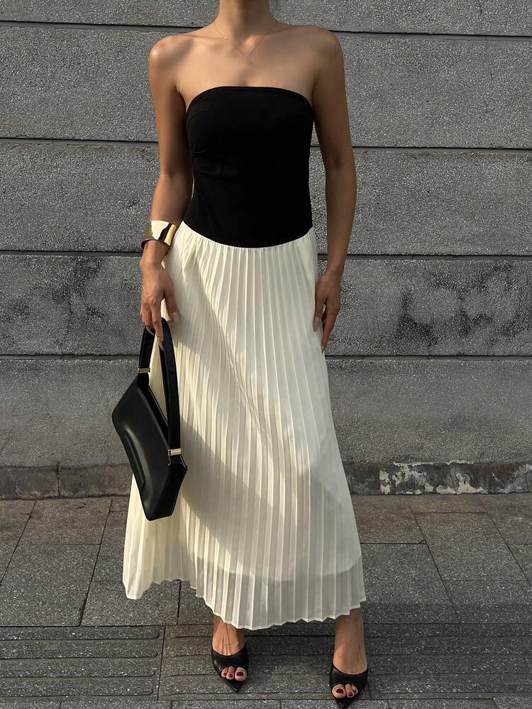 Women's Summer Strapless Ruffle Colorblock Waist Dress, Casual Women Dress