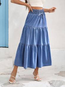 Vivid Eden 女式宽松松紧腰长牛仔裙，蓝色