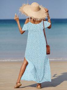 Breezaya Vestido largo con estampado floral dividido, hombros descubiertos, atuendo de vacaciones y playa para mujer - Multicolor - Ver 2