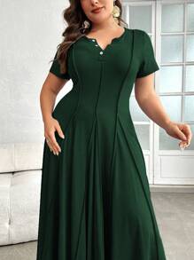 Mulvari Plus Button Neckline Press Crease Detail Short Sleeve Dress, Maxi Dress For Beach, Party, Summer, Casual, Vacation And Dating