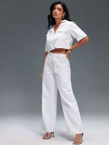 Denimoi Slant Pocket Drawstring Waist Straight Leg Jeans - White - View 3