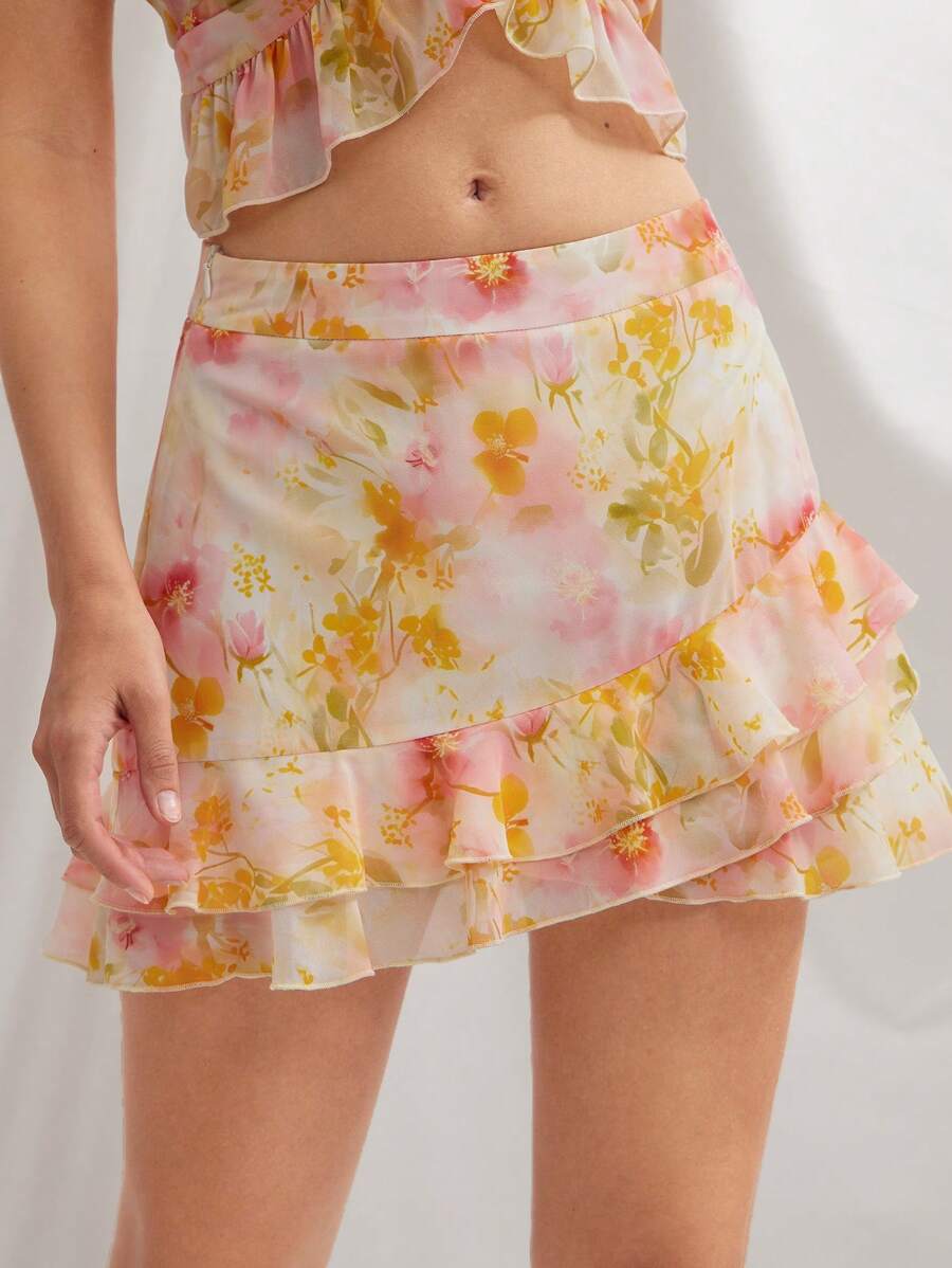 L'Amorae Fustă mini cu imprimeu floral și detalii cu volane pentru femei - Multicolor - Vizualizare 1