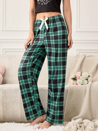 Damen Lässig Karomuster Schleife Dekor Gerade Bein Pyjamahose, Herbst, Winter