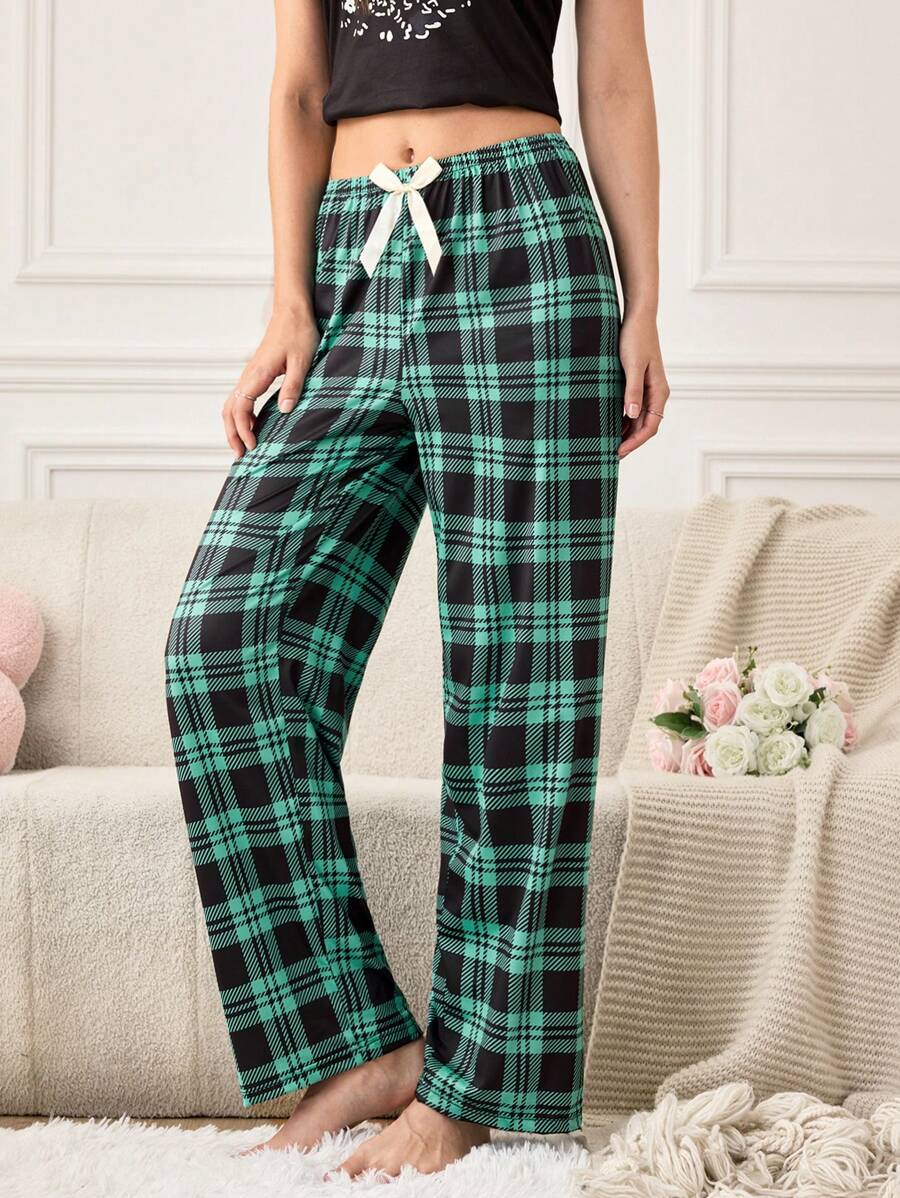 Quần ngủ ống đứng họa tiết kẻ caro nơ đơn giản cho nữ, mùa thu, mùa đông - màu xanh lá - Xem 1
