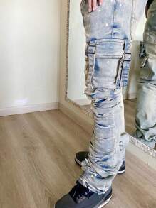 Manfinity LEGND Men's Casual Washed Distressed Cargo Denim Pants - Light Wash - View 4
