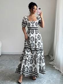 Rafferiza 女式夏季乡村花卉印花露肩连衣裙 - 黑與白 - 查看 5