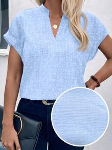 Linhara Plus Size Women's Solid Color V-Neck Short Sleeve Casual Shirt - Baby Blue - View 4