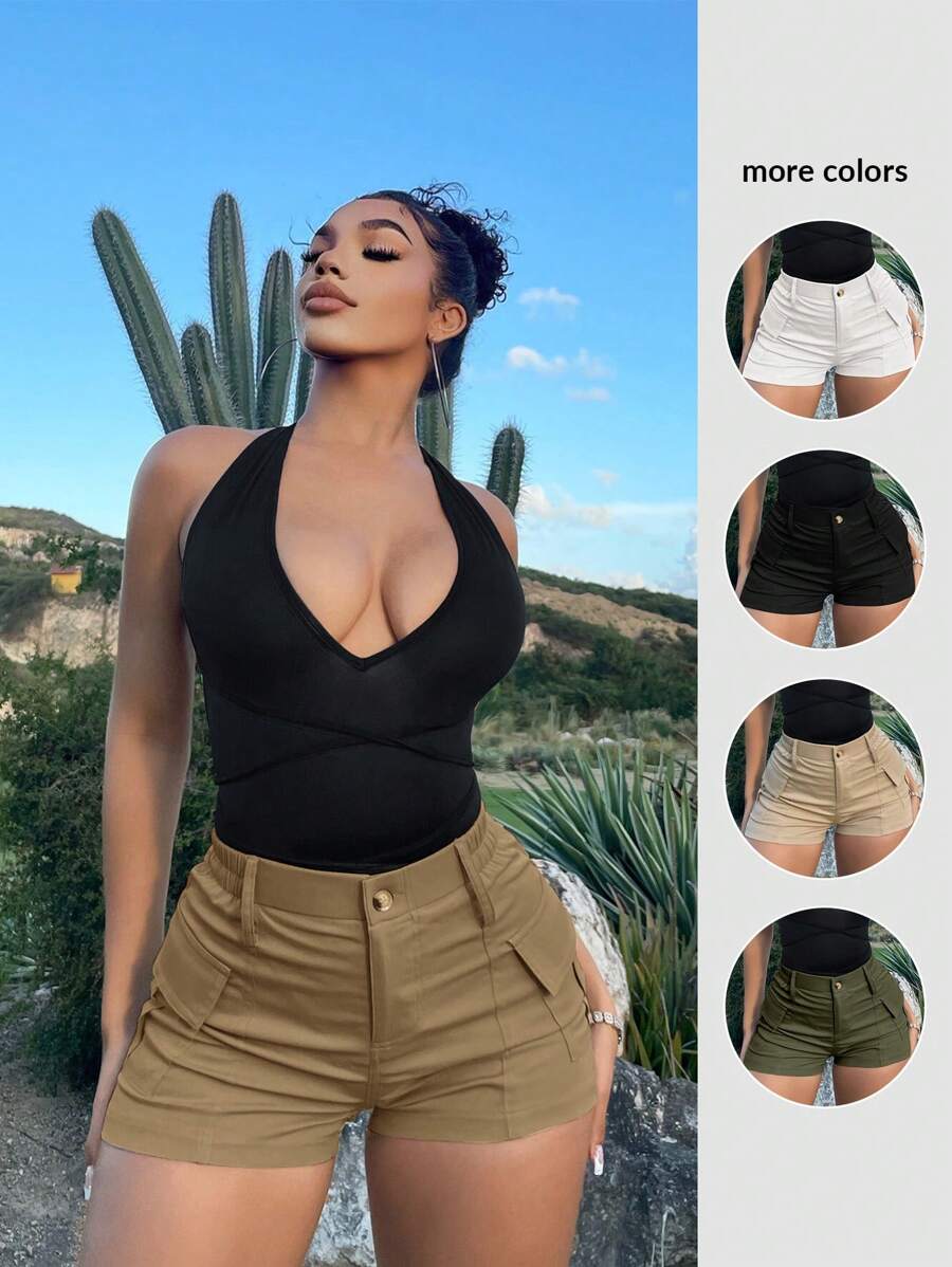 SHEIN SXY Summer Casual Solid Color Cargo Shorts - Khaki - View 1