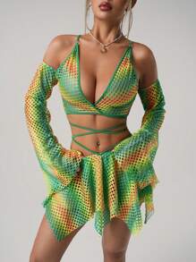 SHEIN ICON Set de 2 piezas para fiesta y festival musical Y2K: Top de manga larga transparente de encaje con hombros descubiertos y falda mini asimétrica