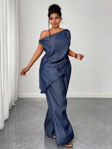 Maweii Bộ 2 áo thun trơn cổ không đối xứng cỡ lớn và quần ống rộng, trang phục thời trang mùa hè - Màu xanh hải quân - Xem 4