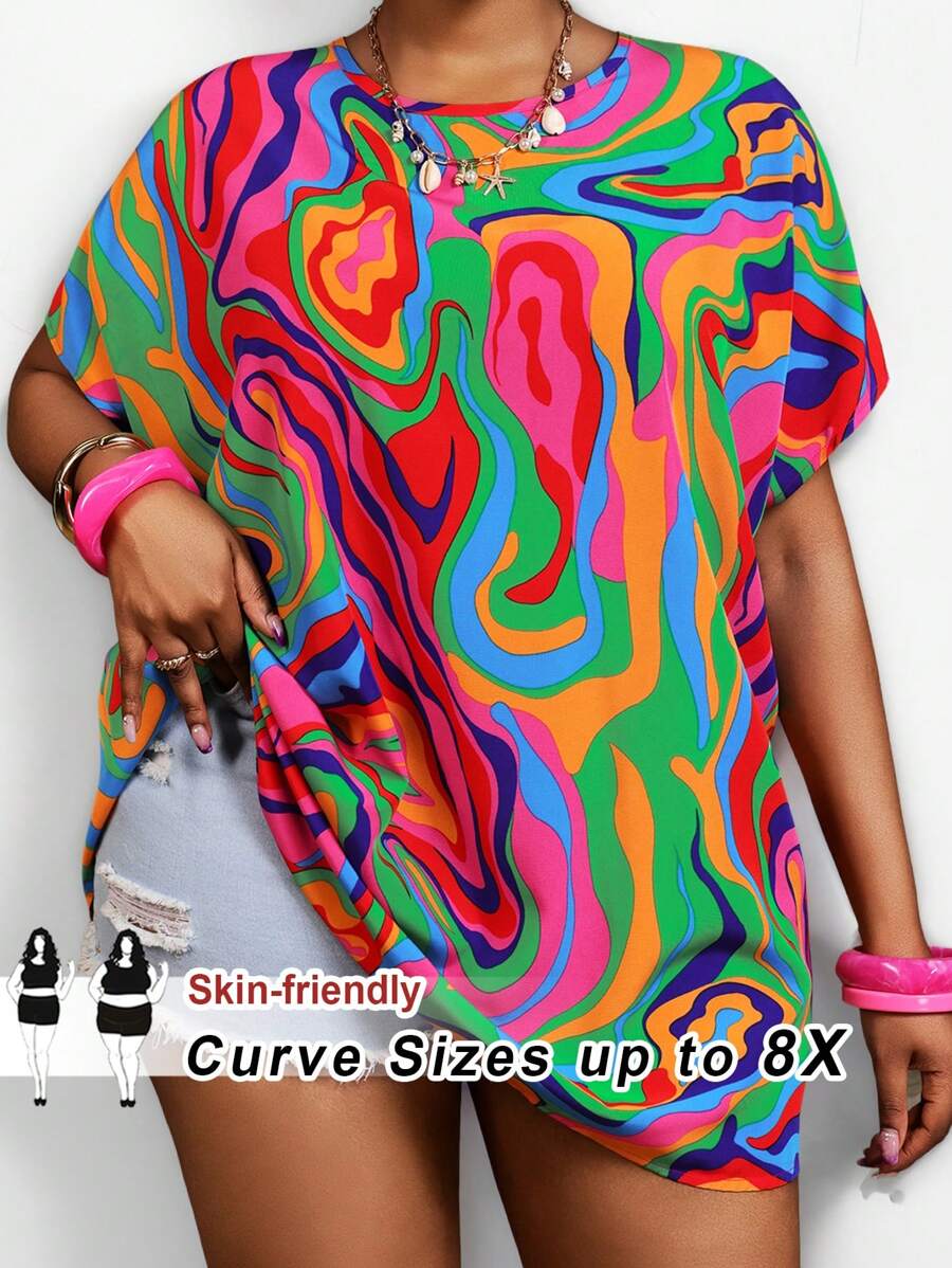 SHEIN CURVE+ Plus Size Casual Simple Colorful Striped Summer Shirt, Curve Plus, Boho Vacation Beach Outfits For Woman/Beach /Beach Vacation Outfits/Beach Essentials / Graduation/Tea Party  Summer/Country/Beach Vacation Outfits/Beach Outfits/Beach Wear - Multicolor - View 1