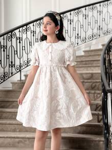 SHEIN Tween Girls Cute & Elegant Jacquard Organza Lace Peter Pan Collar Puff Sleeve Mini Dress - White - View 7