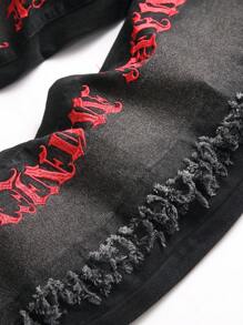 Manfinity Roughcore Plus Size Men's Casual Ripped Letter Print Pockets Jeans Pants