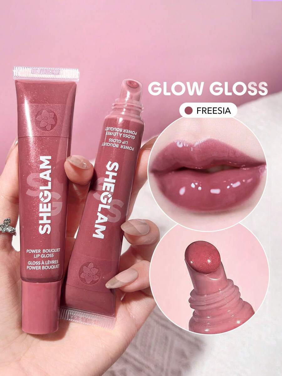 SHEGLAM Power Bouquet Lip Gloss -Freesia Shiny Tinted Moisturizing Lip Gloss Plumping Non-Sticky Lip Oil Repairing Freesia Extract Lip Care Brown Lip Gloss Graduation Birthday Holiday Summer Fall Autumn Y2K Fancy Fashion Women Brand Makeup Cosmetic Beauty Party Beach Travel Camping Outdoors School Campus Trip Festivals Decor Gift Present Rose Girl Cosplay Best Color Charm Vibe