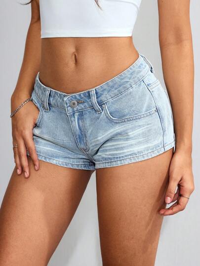SHEIN EZwear 夏季纯色口袋超短休闲时尚牛仔短裤