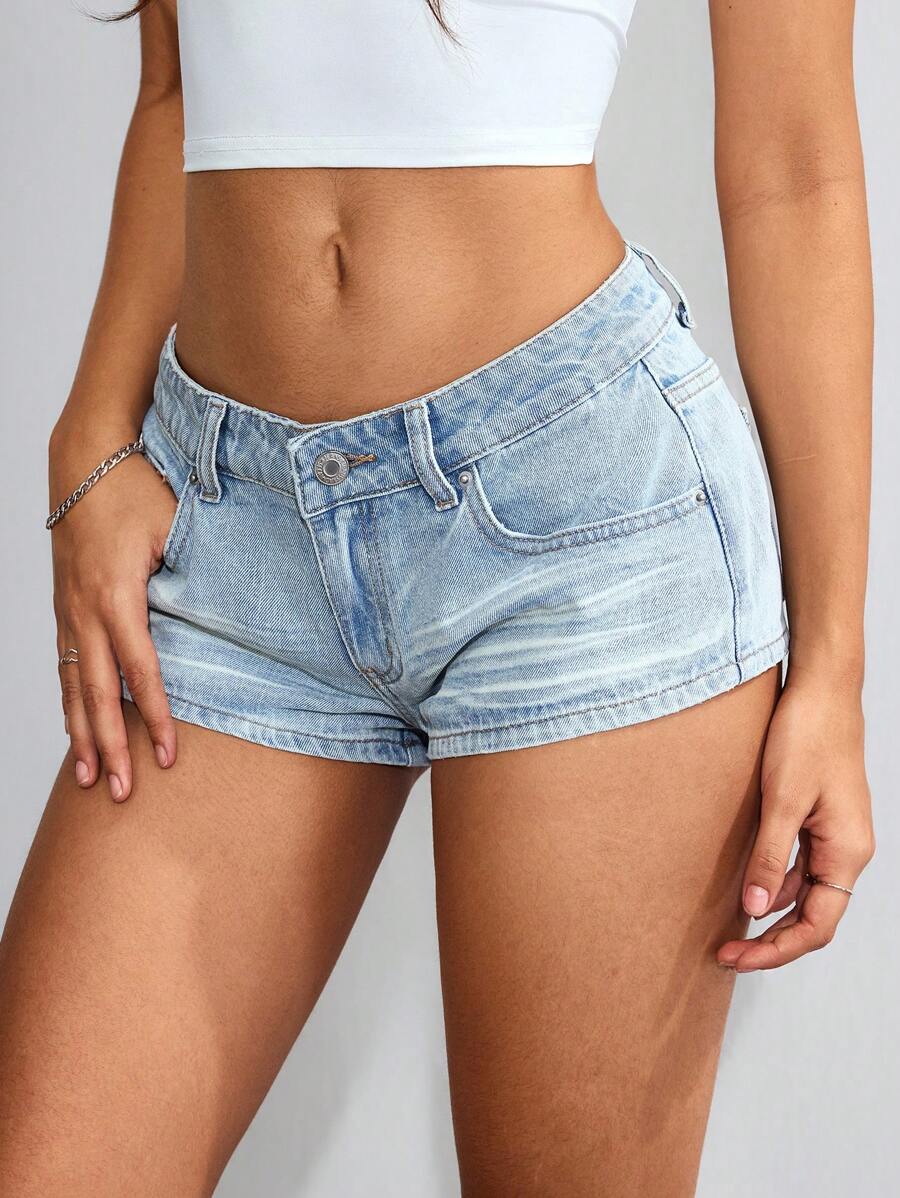 SHEIN EZwear Plain Pocketed Super Short Casual Fashionable Denim Shorts For Summer - Blue - View 1