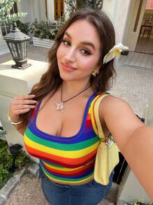 SHEIN EZwear 大码女式骄傲月 LGBT 彩虹条纹休闲修身背心 - 彩色 - 查看 5