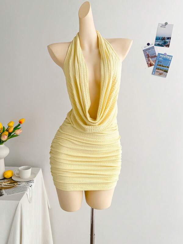 Soleia Women's Vacation Plunge Neck Backless Mini Dress With Ruched Details, Light Yellow,Butter Yellow Dress Women S Clothes Women Short Dresses Summer Women Dresses Elegant Gown Woman S Summer Clothes Women Casual Dress