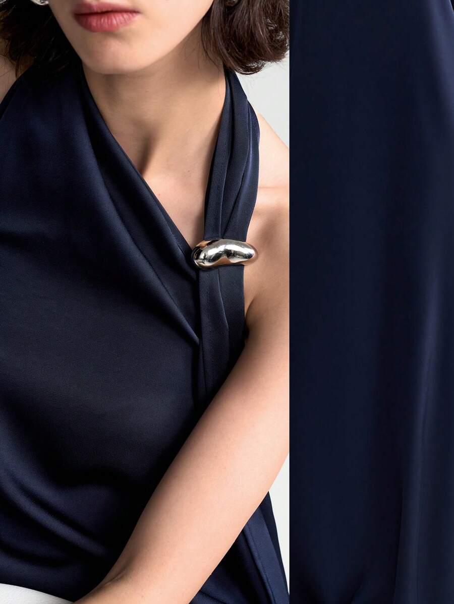 SHEIN Stylify Váy hở lưng bằng vải satin giản dị & sang trọng hở lưng khóa kim loại xẻ tà dài cho nữ - Màu xanh hải quân - Xem 1