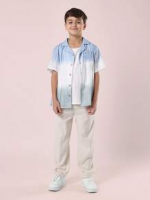 SUMWON Casual Summer Short Sleeve Button Down Shirt Tie Dye Gradient Boys Youth Cool Beach Vacation Resort Breathable Linen Feel Top Holiday Everyday Wear