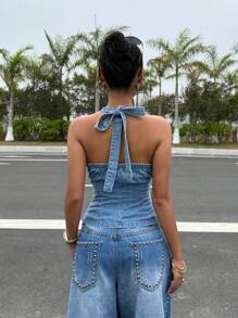 SHEIN EZwear Top halter de mezclilla para mujer, de moda para el verano - Azul - Ver 3