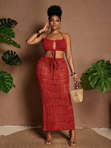 Maweii Plus Size Women's Sweater Sexy Knit Set For Vacation Halter Vest + Cutout Drawstring Dress Summer Beach Women Outfits - Rust Brown - View 1