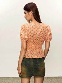 INAWLY Women Heart Print Tie Front Puff Sleeve Shirt - Yellow - View 3