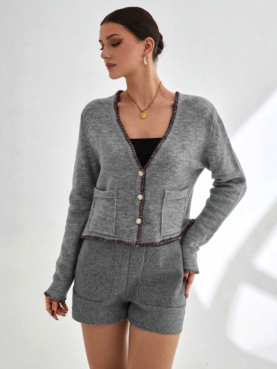 EURMUSE Áo len cardigan màu xám lấy cảm hứng từ phong cách cổ điển với viền thêu tương phản, nút ngọc trai và dáng ôm vừa vặn - Xám - Xem 1