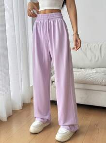 SHEIN EZwear Spring Purple Solid Drawstring Waist Sweatpants Graduation,Back To School Outfits,Graduation,Teacher Outfits For Women,Back To School - Purple - View 3