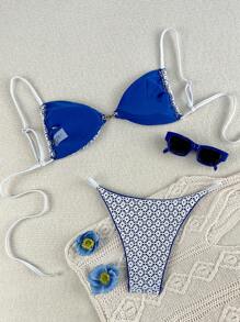 SHEIN Swim 2pcs/Set Women Pearl Buckle Grid Cutout High Cut Bikini Set, Beachwear, Vacation Swimsuit For Summer - Blue - View 2