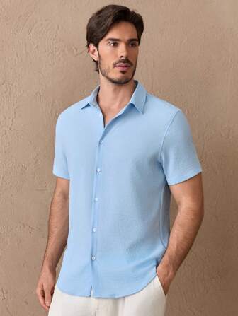 HIMLAND Men Solid Button Front Blue Shirt