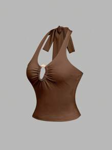 Sweetra 复古性感V领金属扣装饰吊带背心 - 棕色 - 查看 3