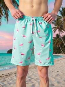 Short de baño informal con cintura de cordón y estampado de flamencos para adolescentes