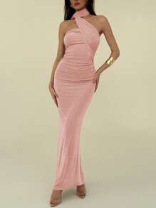 Aloruh Elegant One Shoulder Ruffle Design Slim Fit Pleated Sparkly Long Straight Dress - Pink - View 4