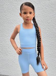 SHEIN 2pcs/Set Young Girl Solid Color Knit Camisole Top And Shorts Activewear Set