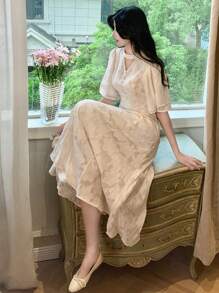DAZY Gaun Panjang Jacquard Renda Wanita, Leher Halter, Gaun Musim Semi/Panas - Putih - View 7