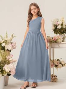 Flower Girl A-Line One Shoulder Hollow Out Floor Length Chiffon Dress For Wedding, Birthday, Party, Performance - Blue - View 6