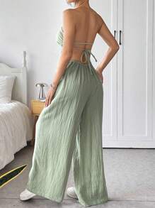 SHEIN EZwear 大码女式夏季性感绿色露背吊带连体裤 - 綠色 - 查看 5