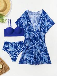 Swim Lushoire Conjunto de traje de baño de 2 piezas con parte superior tipo top con recorte de concha y bikini triángulo con estampado floral, talla grande una cubrecostilla de manga corta