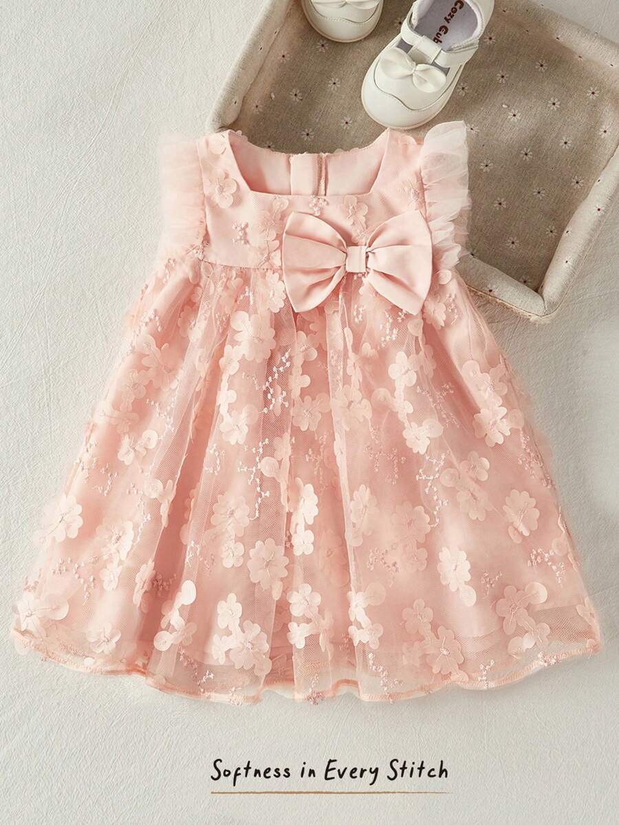 Cozy Pixies Baby Girl 3D Flower Collar Bubble Short Sleeve Empire Waist Dress - Pink - View 1
