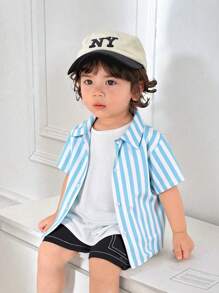 SHEIN Camisa de manga corta con estampado de cuadros casual, linda y divertida para niño/niña, adecuada para primavera, verano y vacaciones