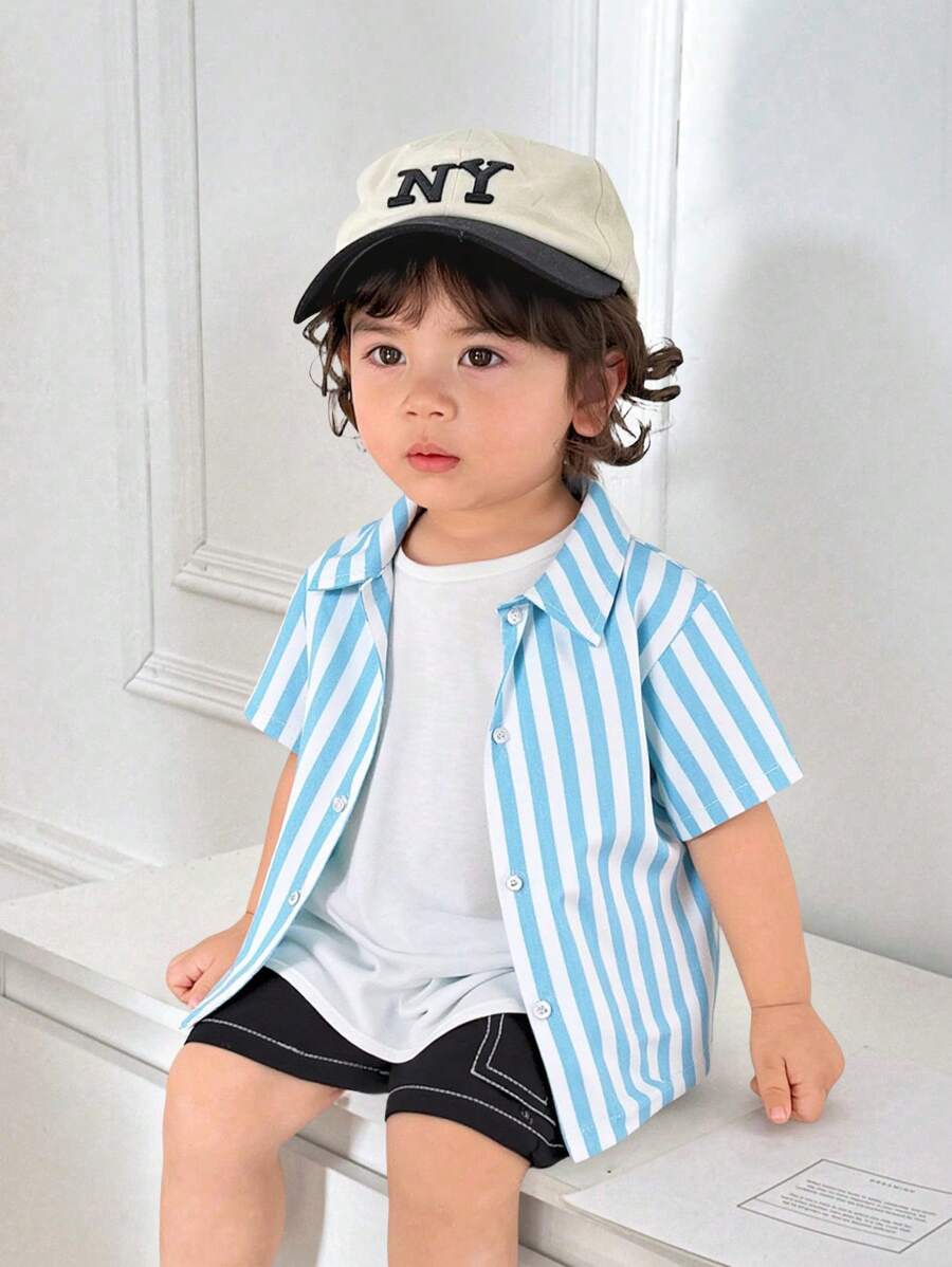 SHEIN Camisa de manga corta con estampado de cuadros casual, linda y divertida para niño/niña, adecuada para primavera, verano y vacaciones