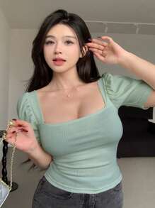 Dazy Plus 大码纯色泡泡袖修身罗纹方领T恤，春夏女装可爱上衣 - 綠色 - 查看 4