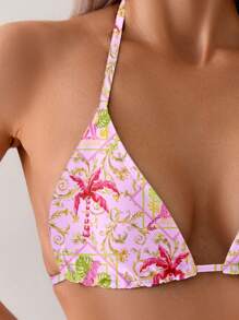 Women's 2pcs Set Tropical Plant Print Halter Sexy Bikini Swimsuit - Multicolor - View 3