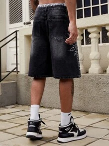 ROMWE MEN Street Life 男士闪亮水钻装饰宽松阔腿牛仔短裤休闲裤