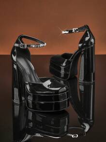 SHUZIA Women's Satin Ankle Strap Double Platform Heel Pumps - Black - View 5