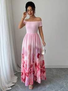 Elenzga Women's Elegant One Shoulder Tropical Plant Floral Print A-Line Maxi Dress With Drapes, Fashionable For Spring/Summer - Pink - View 1