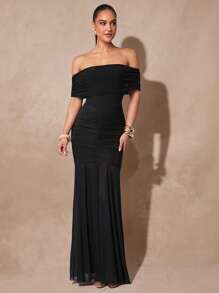 Silquee Women's Black Off Shoulder Fitted Elegant Dress, Island Dress, Flowy Hem Dress, Sexy See-Through Outfit, Summer, Women's Summer Outfit, Summer Outfit, Women's Beach Outfit, Women's Elegant Outfit, Women's Summer Dress, Graduation Outfit, Graduation Dress, Flowy Dress, Ibiza Outfit, Summer Festival Beach Resort - Black - View 8